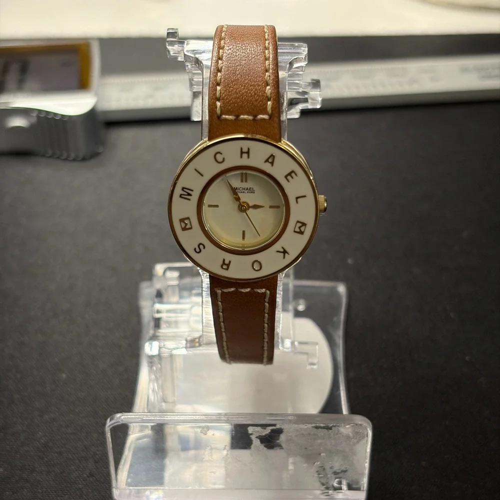 Michael Kors MK-4040 Wristwatch Womens OS Brown Gold Logo Leather Strap